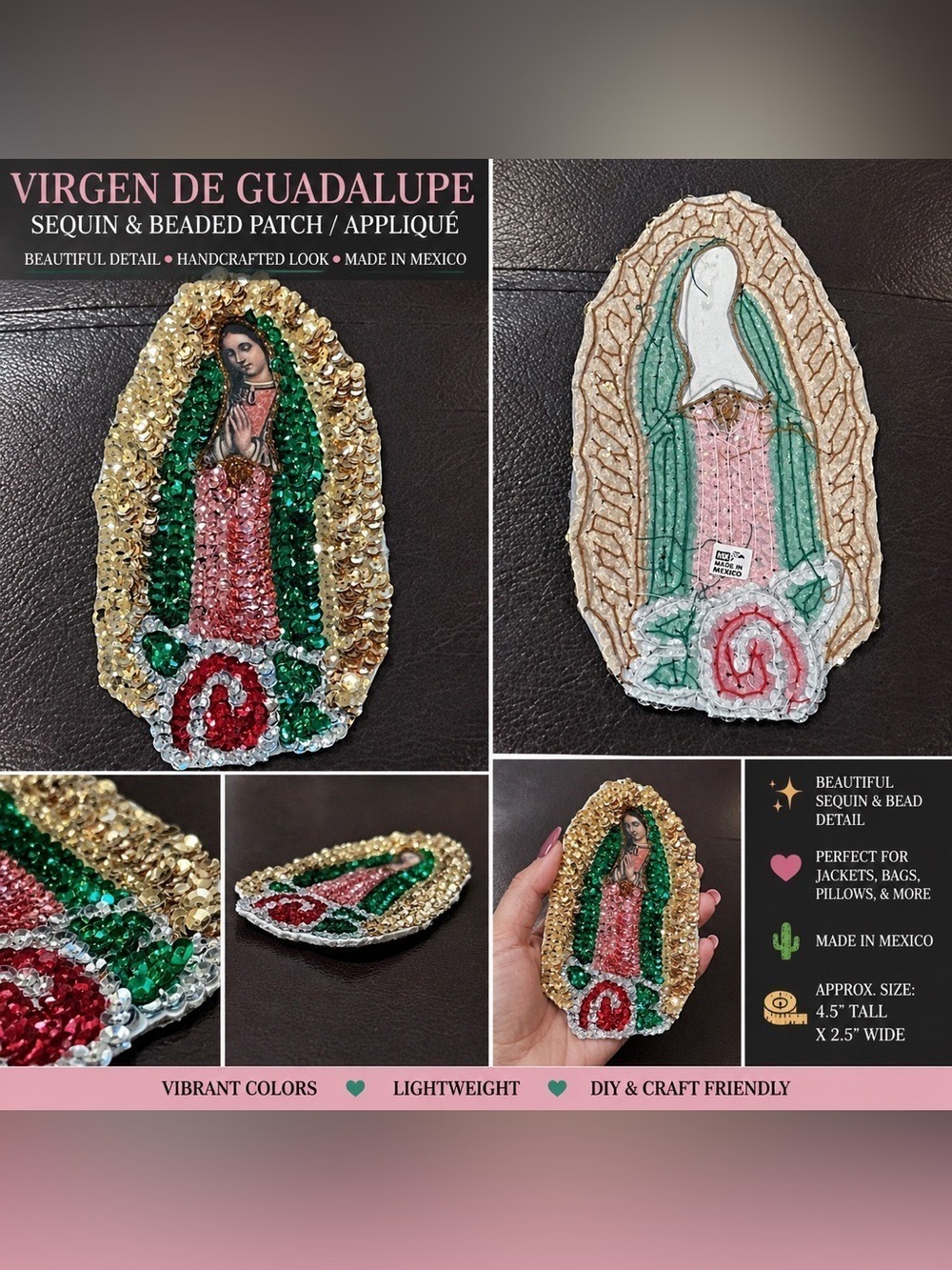Virgin de Guadalupe Sequin Beaded Patch Appliqué Made in Mexico